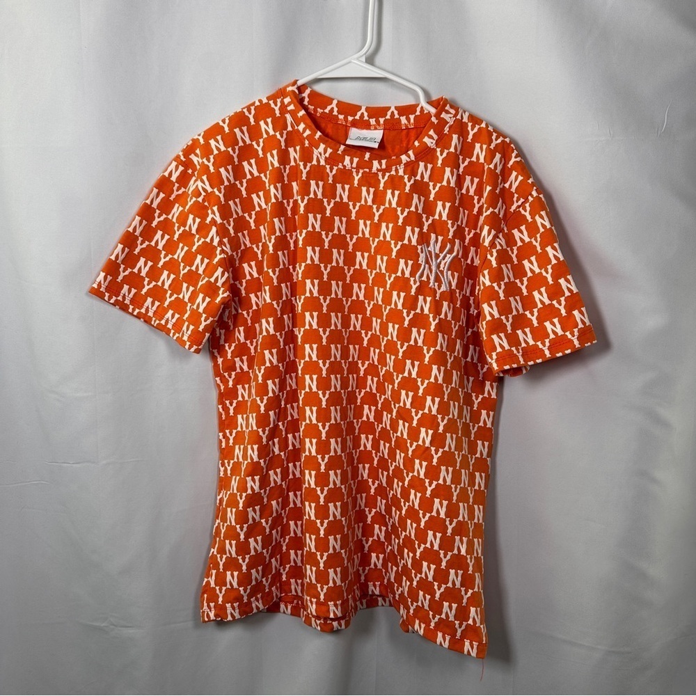 MLB Korea Yankees Monogram Tee Cotton Streetwear Graphic Orange White Mens M - Picture 4 of 8